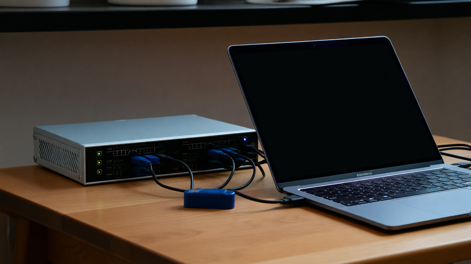 A small home server and an open laptop with a dark blank screen on a wooden desk